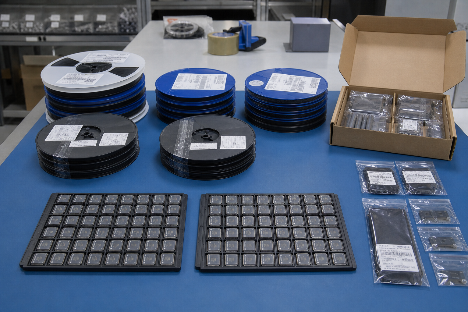 Illustrative component samples and anti-static packaging scene